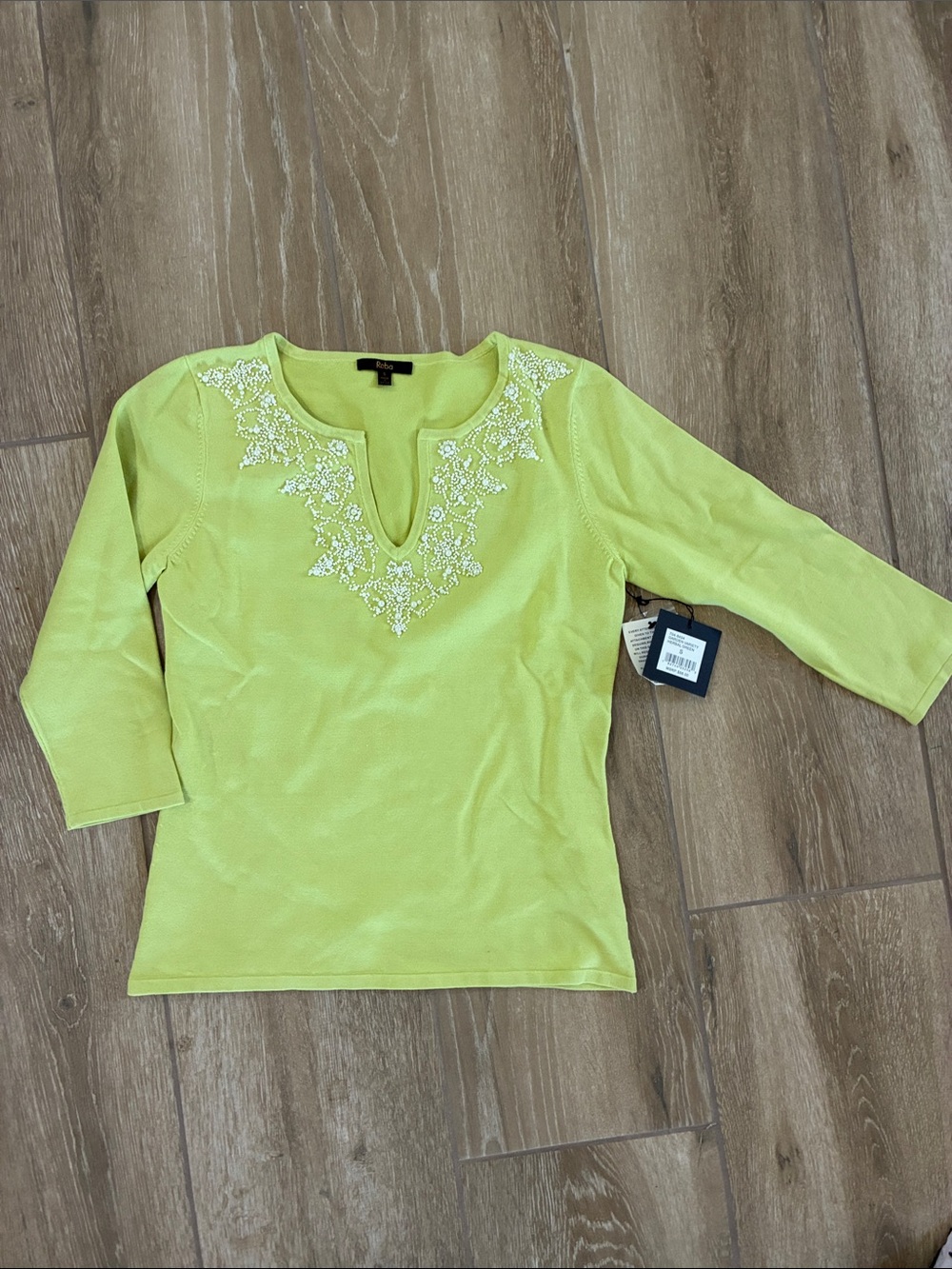 Reba Lime Green Embroidered Split-Front Beaded Sweater Shirt